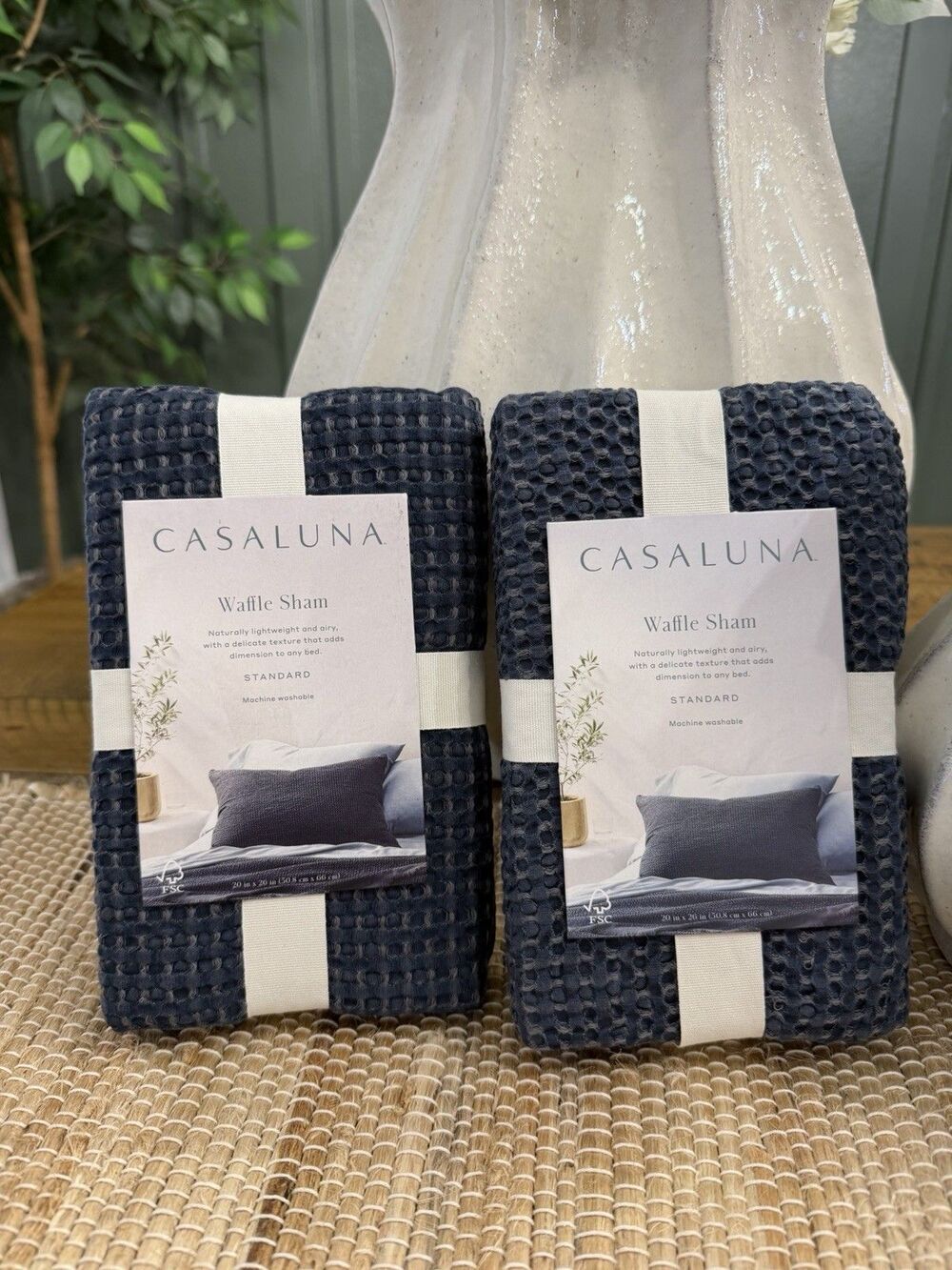 Set of 2 Casaluna Waffle Textured Pillow Shams Dark Mineral Blue Standard NEW